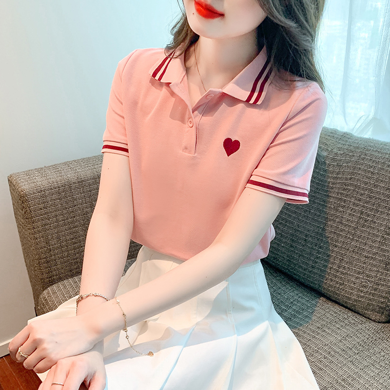 2026 Summer New Style Heart Print Polo Collar Short-Sleeved T-Shirt Women's Summer Style Fashionable and Versatile Top