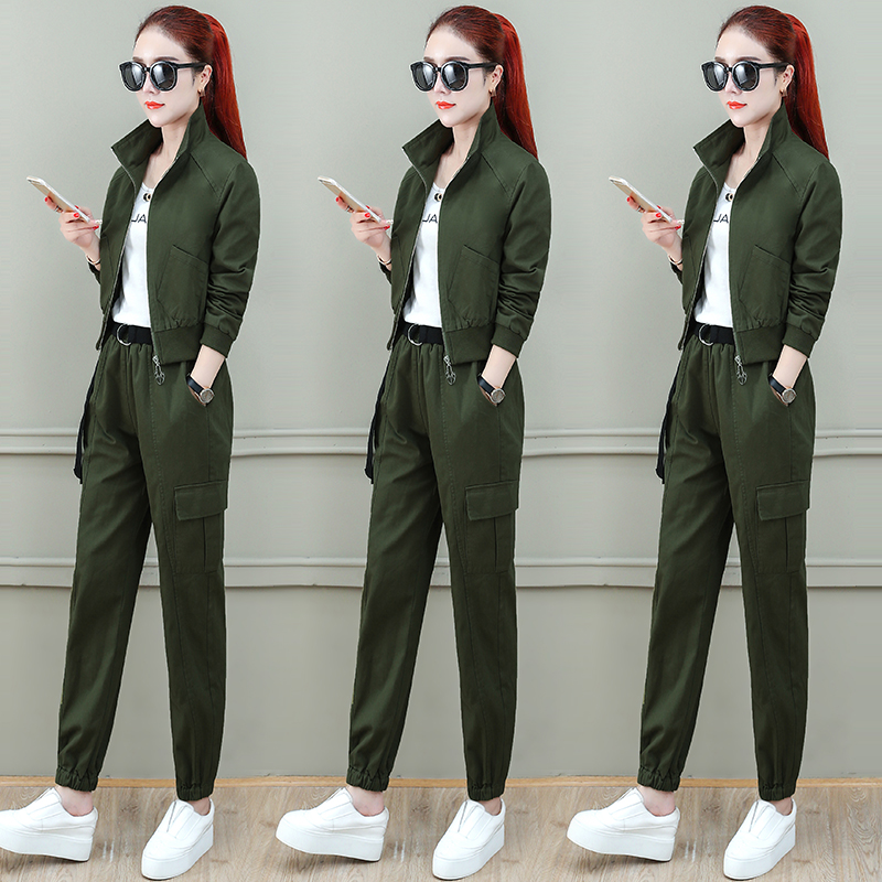 Fashion casual suit women spring and autumn 2021 New Fashion Women's port flavor tooling two-piece set age reduction pants tide