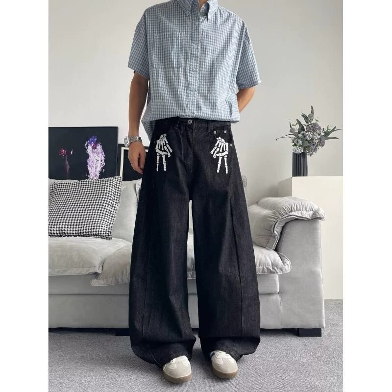 American Street Style Skull Bone Straight-Leg Jeans for Men and Women, High Street Hip-Hop Wide-Leg Pants, Loose Straight-Leg Pants, Trendy American Street Style Skull Bone Straight-Leg Jeans for Men and Women, High Street Hip-Hop Wide-Leg Pants, Loose Straight-Leg Pants, Trendy