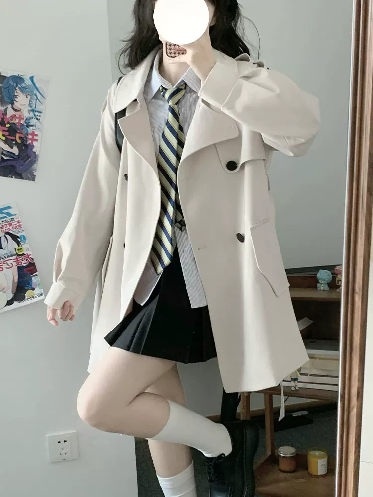 Студенческая плиссированная юбка, зимнее trench coat, цветная куртка, до середины икр, для подростков