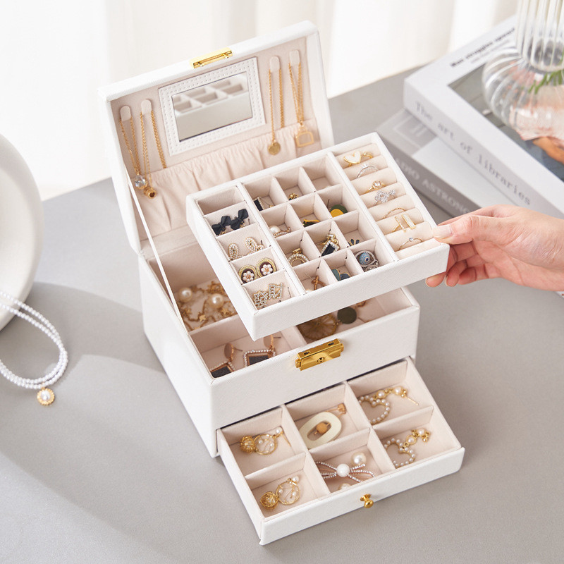Three-layer jewelry box cortex drawer earrings ring necklace gold jewelry jewelry jewelry fine luxury collection box