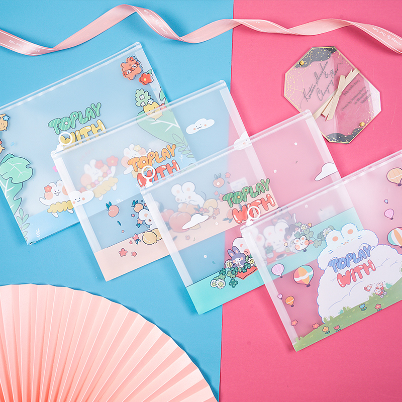 a4 File Bag Small Freshener Elementary School Kids Plastic Transparent Pull Chain Bag Woman Thickened Waterproof Archive Bag Cartoon Korea Cute Large Capacity Minimalist Student cashier's bag office kit with exam paper