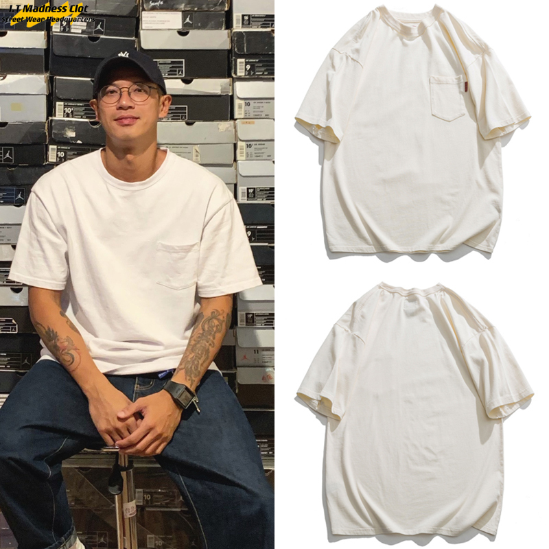 Hong Kong It Fashion Brand Wang Xinkai Pure Cotton T-Shirt Men's American Simple Style Pure Cotton Base Shirt Shawn Yue Pocket Short-Sleeve Women's