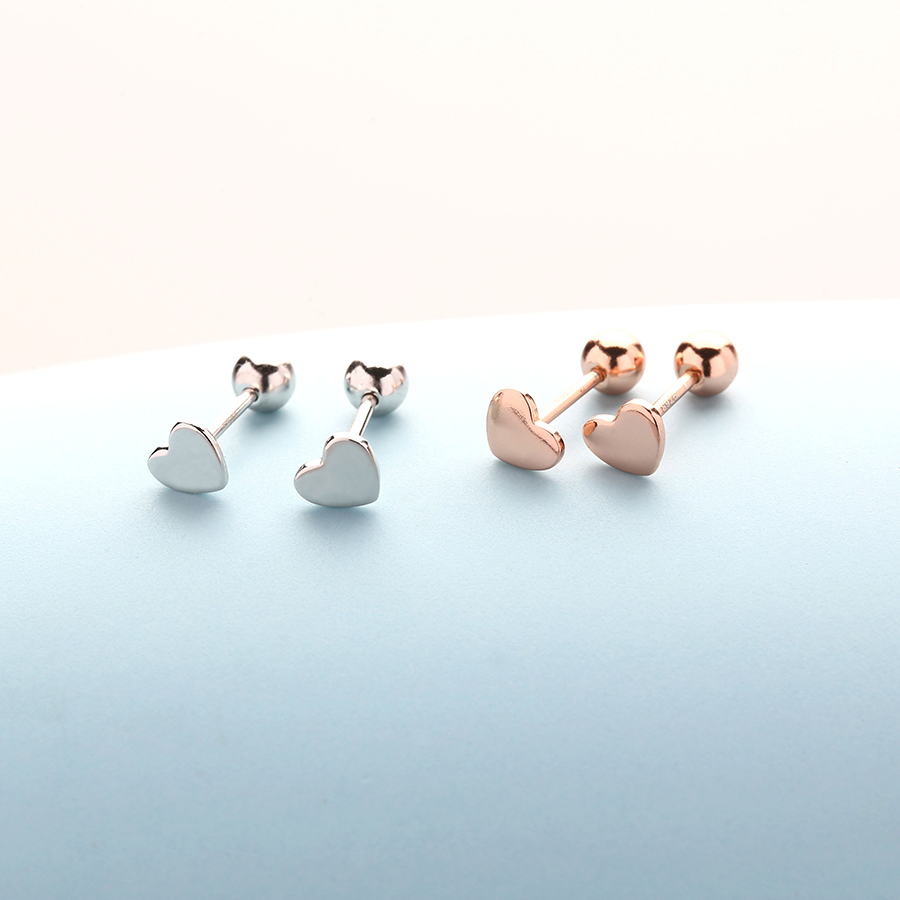 S925 Sterling Silver Threaded Ear Pins Simple Glossy Screw Earrings Female Heart-shaped Anti-Drop Earrings Don't Need to Pick Up When Sleeping
