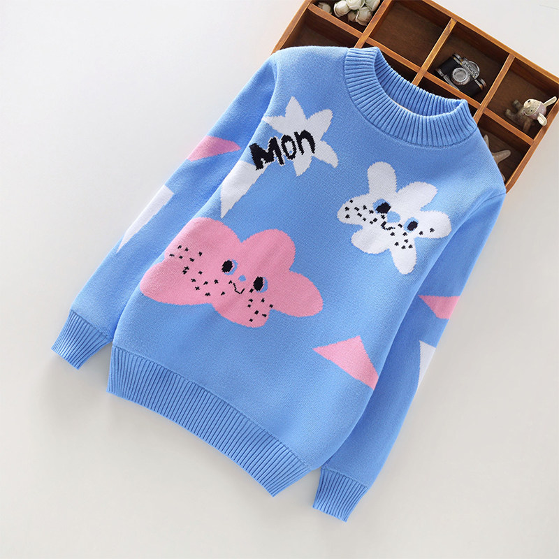 Autumn and winter children's girls' baby sweater tops pullover plus velvet knitted cartoon round neck thickening