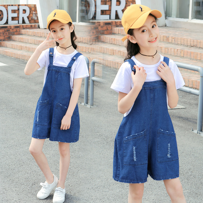 Girls summer denim baby bag pants suit new Korean version of the big children's suspenders wide-leg pants loose two-piece set