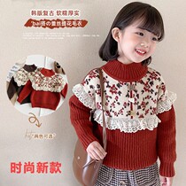 Girls sweater 2021 New plus velvet thickened winter foreign air floral high neck knitwear childrens sweater