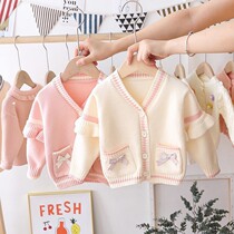 Children cardigan sweater 2021 autumn and winter New Girl coat solid color knitted pocket bow children