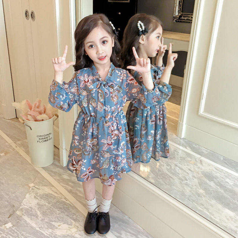 Children's dress girls chiffon floral dress autumn new children's long sleeve princess dress dress Lady chiffon waist skirt