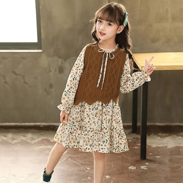 Girls dress autumn 2020 new children's foreign style suit skirt little girl long-sleeved princess floral skirt autumn