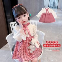 Girl Spring and Autumn new dress female baby Foreign style fake two-piece dress 2021 small fragrant wind College princess dress