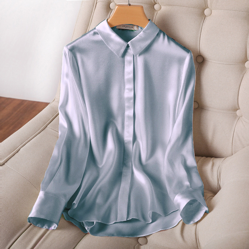 Heavy Silk Shirt for Women, Spring 2026, High-End Designer Top, Unique Design, Sea Blue Solid Color Long-Sleeve Shirt Heavy Silk Shirt for Women, Spring 2026, High-End Designer Top, Unique Design, Sea Blue Solid Color Long-Sleeve Shirt