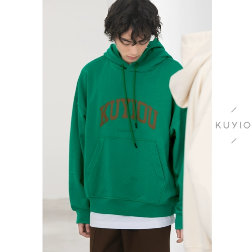 KUYIOU/400G тяжелая махровая сумка-кенгуру с принтом логотипа в стиле ретро, ​​пуловер с открытыми плечами, толстовка с капюшоном для мужчин и женщин, весна