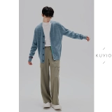 KUYIOU/3 разных синих цвета, сплетенных воедино!Вязаный мужской кардиган из смесовой шерсти ручной работы челночным стежком