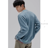 KUYIOU/3 разных синих цвета, сплетенных воедино!Вязаный мужской кардиган из смесовой шерсти ручной работы челночным стежком