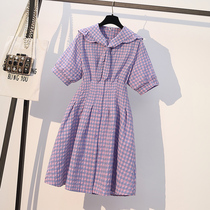 Gestational Woman Dress 2021 Summer Dress New flower Balloon Dress Minus age Ocean Gas Little Fresh Rabbit ears Purple Purple Plaid Dress