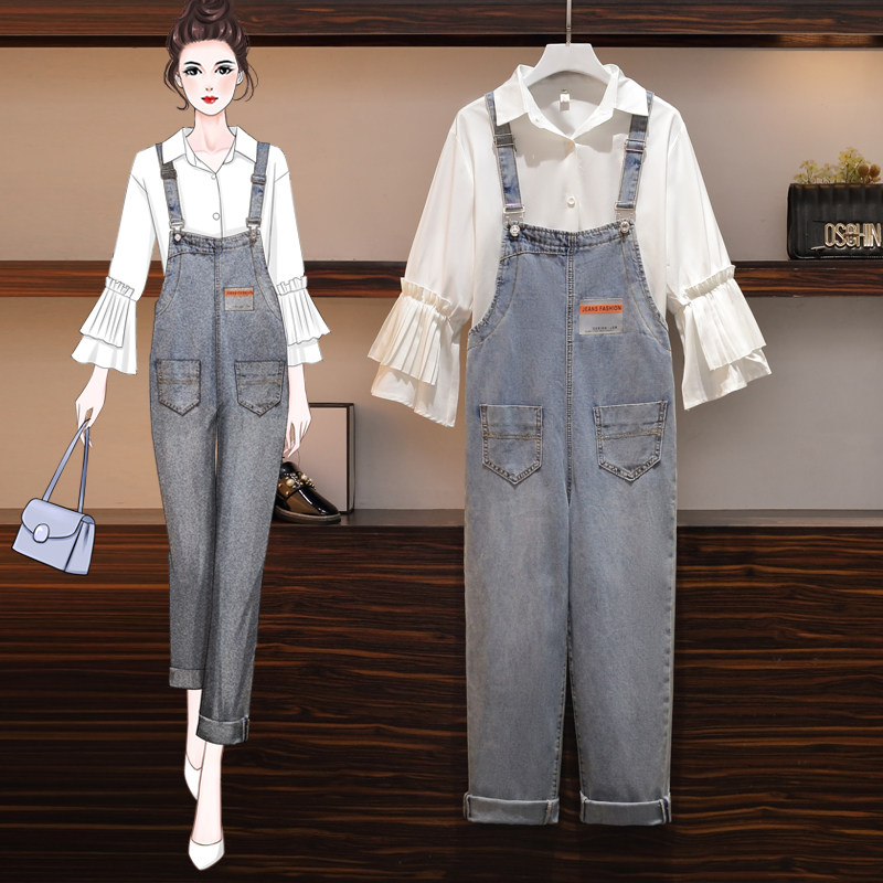 Gestational Woman Dress 2021 Spring Dress New Large Size Fashion Fashion Temperament Slim cover Belly Jeans Cut-pants Two-piece Style Suit