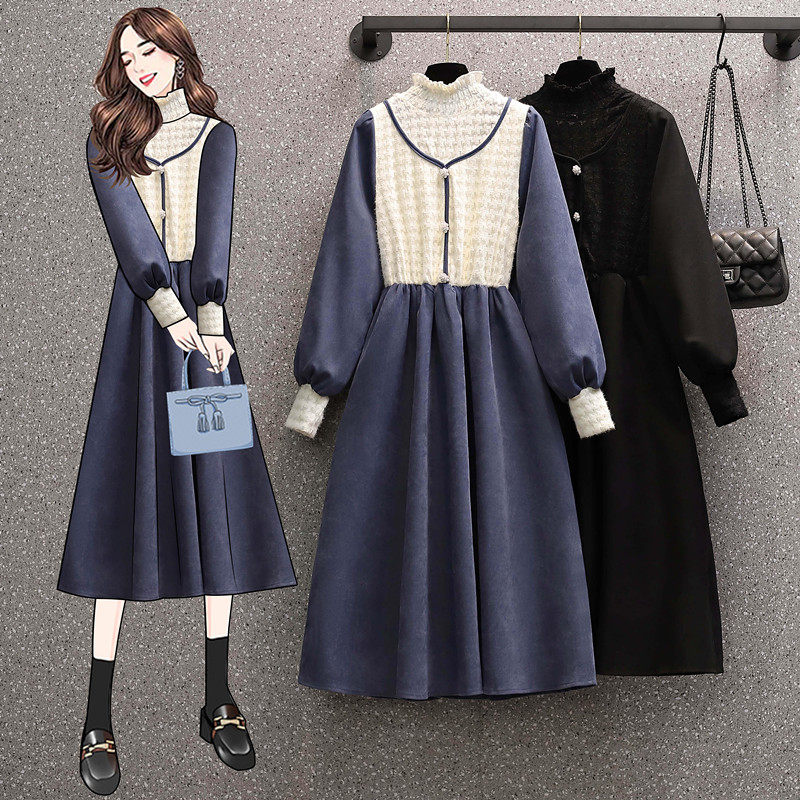 Foreign maternity wear autumn and winter wear fashion temperament show thin age reduction leave two pieces of thousand bird grid stitching A line dress