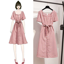 Maternity dress 2020 summer new French square collar plaid waist thin simple temperament medium-long dress