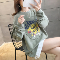 Fake two pieces of sweater women thin 2021 Spring and Autumn new fat mm large size Korean cartoon print loose slim top
