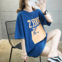 European station womens 2021 summer new large size short sleeve t-shirt womens long fat mm belly slim coat