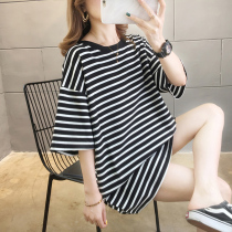2021 summer new stripe short sleeve T-shirt female loose slim long size womens cotton half sleeve top