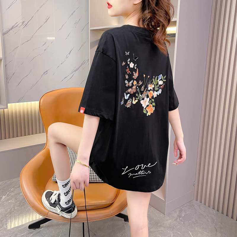 Plus Size Women's Clothing 100kg Pure Cotton Embroidered Short-Sleeved T-Shirt for Women in Summer, Suitable for Chubby Women, Covers the Belly and Hides the Fat, with a High-End and Elegant Feel