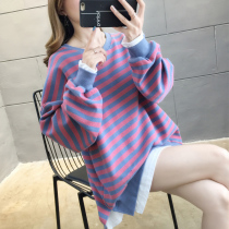 2021 new fat mm size vintage round neck striped sweater female spring and autumn thin loose slim fake two top
