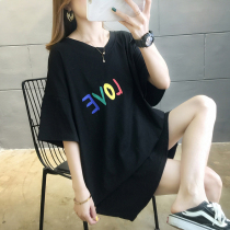2021 summer new V-neck short sleeve T-shirt female loose Korean version long fat mm large size cotton cotton half sleeve top tide