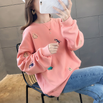 2021 Spring and Autumn New Fat Sister Cartoon Embroidery Hatless Women Thin Loose Large Size Age Long Sleeve Top