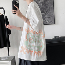 High Street Short Sleeve T-shirt Mens Summer Ice Tide Brand Loose Size Half Sleeve Cotton Harbor ins Seven-point Sleeve Clothes