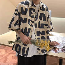 Shirt mens short sleeve summer Japanese Hong Kong style handsome shirt trend Joker hip hop ins Tide brand clothes seven-point sleeve