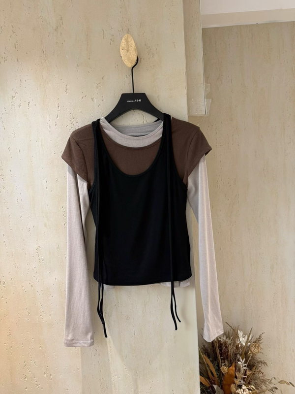2026 Autumn New Korean Dongdaemun Patchwork Color-Block Vest Layered Long-Sleeve T-Shirt Two-Piece Set Women's Trendy Top 2026 Autumn New Korean Dongdaemun Patchwork Color-Block Vest Layered Long-Sleeve T-Shirt Two-Piece Set Women's Trendy Top