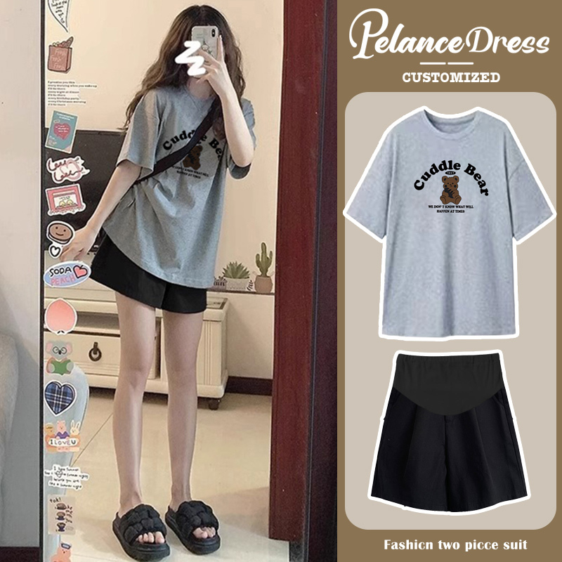 Maternity Wear Summer Suit Pure Cotton Sports and Leisure Two-Piece Set Large Size Slimming Petite Non-Obtrusive Pregnancy Check Shorts