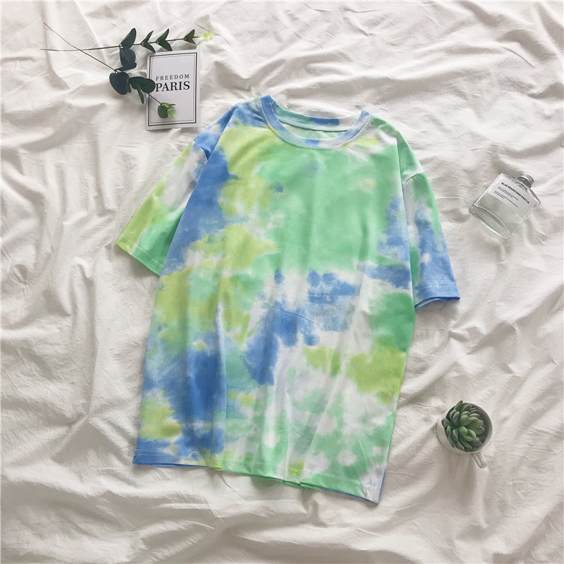 19302 Greensummer new pattern Korean version tie-dyed Gradients student Short sleeve female T-shirt ins Versatile Harajuku Half sleeve Compassionate jacket tide