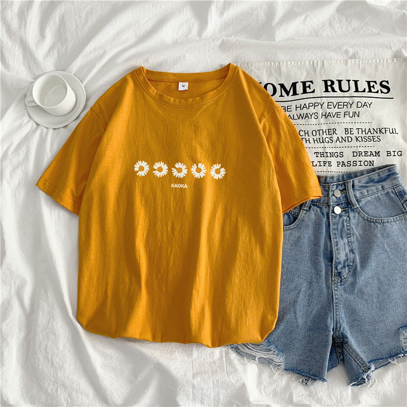 Khakisummer 2021 new pattern Daisy Short sleeve T-shirt female ins student Port style Harajuku easy Versatile Show thin upper clothes