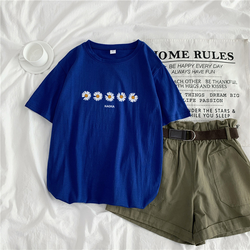Royal Bluesummer 2021 new pattern Daisy Short sleeve T-shirt female ins student Port style Harajuku easy Versatile Show thin upper clothes