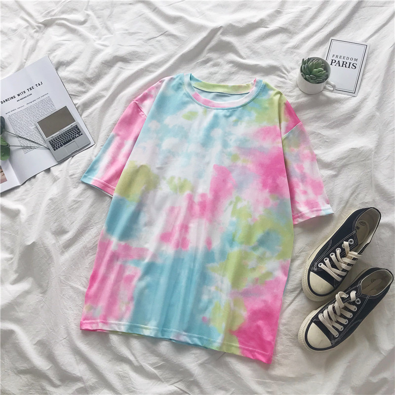 19302 Pinksummer new pattern Korean version tie-dyed Gradients student Short sleeve female T-shirt ins Versatile Harajuku Half sleeve Compassionate jacket tide