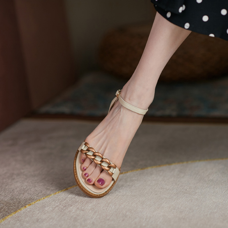 KKAY one word belt sandals women's 2022 summer new thick heel leather round toe all-match simple fashion chain women's shoes