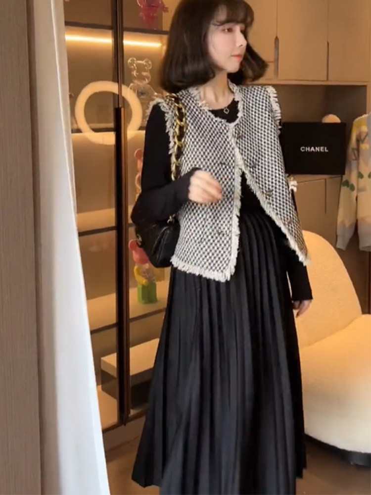 PREGNANT WOMENS SMALL FRAGRANCE AUTUMN TWO-PIECE SET OF FOREIGN DESIGN PLEATED SKIRT SLIM LONG-SLEEVED FASHION TEMPERAMENT VEST SUIT