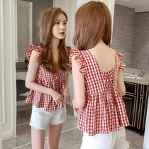 Hipster backless strap doll shirt small sling chiffon top female Korean back plaid vest summer wear tide