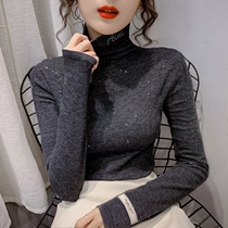 Autumn 2021 new shiny French double-sided cashmere semi-high collar embroidery slim base shirt T-shirt top