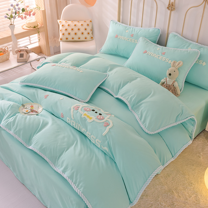 Simple Cute Rabbit Naked Sleeping Four-piece Set Pure Cotton Princess Wind Sheet Towel Embroidered Quilt Cover Girl Heart Bed Cover