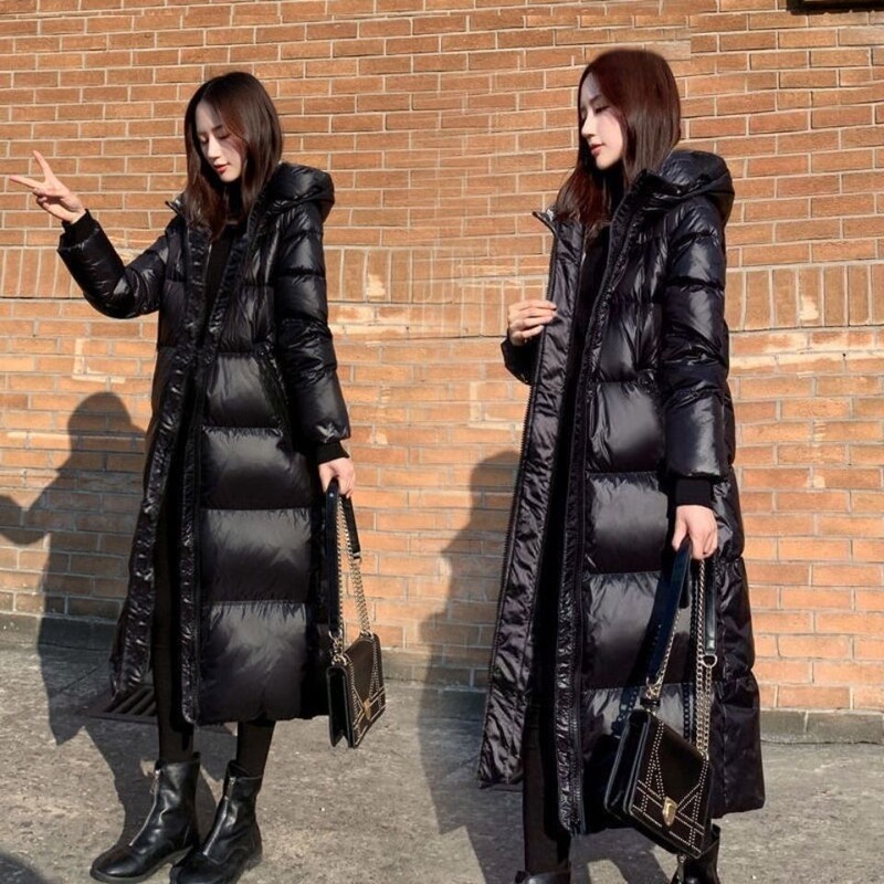 2025 New Black down Cotton Coat Korean Style Over-The-Knee Long Glossy Cotton Coat for Women Thickened Slim-Fit Cotton Jacket for Women