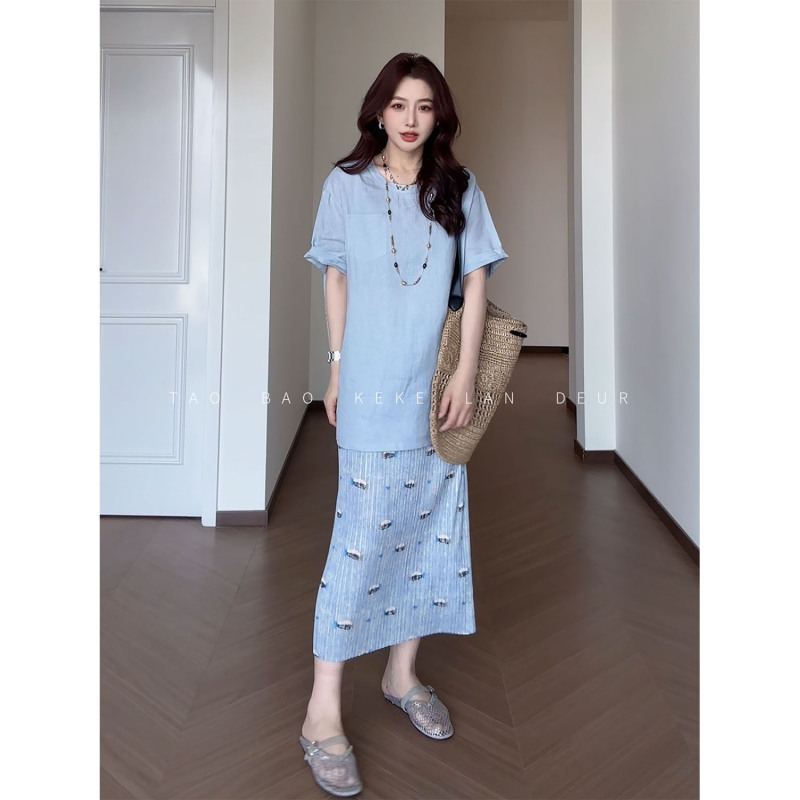 Keke【Cloud Whisper】Blue Printed Draped Skirt for Women Summer Vintage Casual Slimming A-Line Skirt