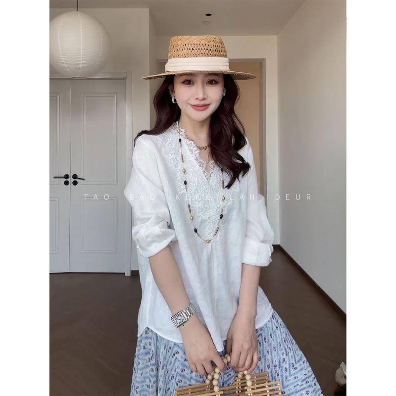 Keke【Milk Chocolate】100% Linen White Lace Trim Hollow Out Elegant Old Money Style Pullover Thin Shirt