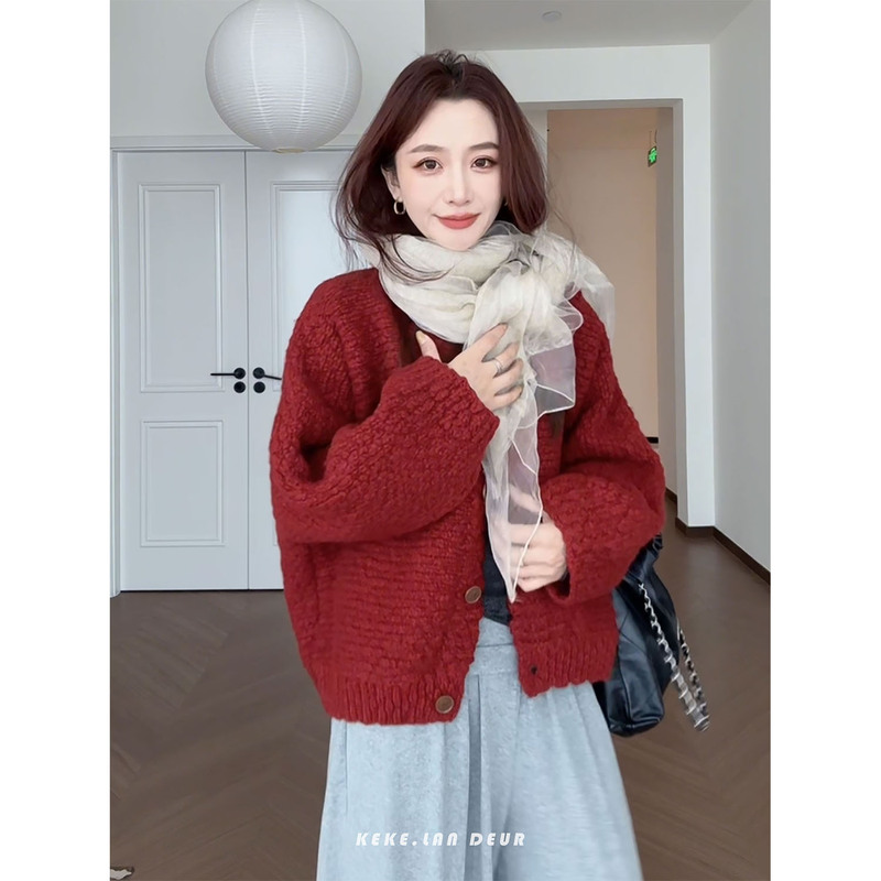 Keke【Round Berry Sweet Roll】Sheep Wool Loose Retro Minimalist Lazy Style Design Autumn and Winter Knitted Sweater for Women