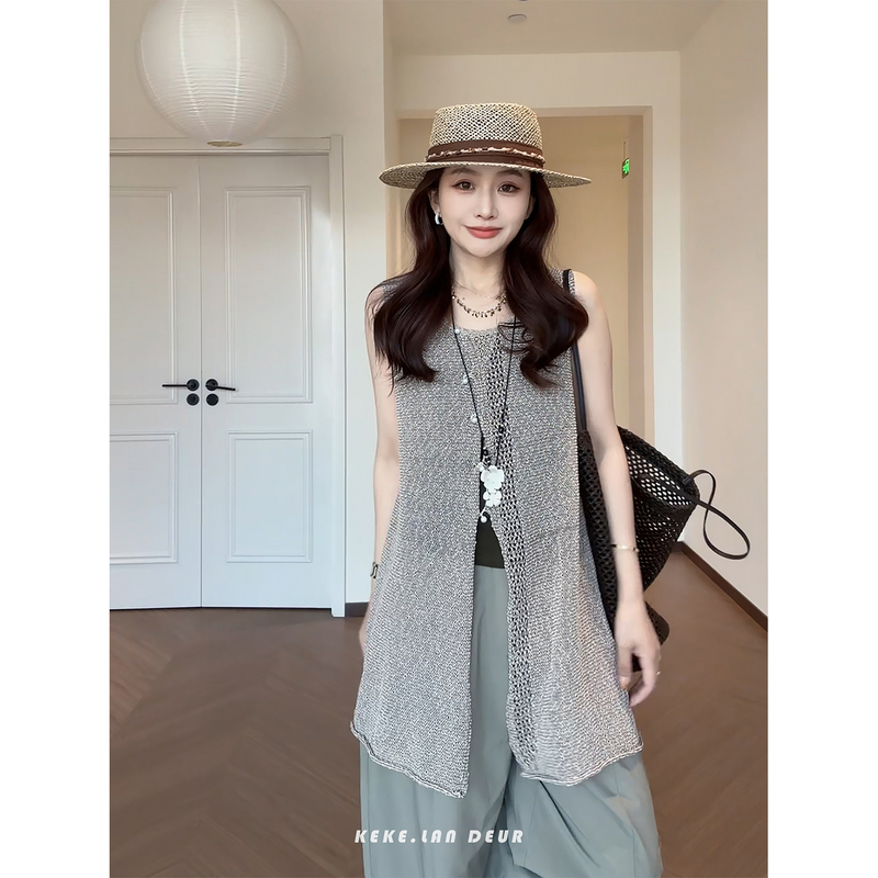 Keke【Pine Forest Wooden House】Summer New Fashion Simple and Versatile Round-Neck Solid Color Knitted Vest