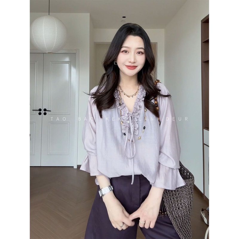 Keke【Time Flies】Summer Thin Purple Shirt for Women, Elegant and Graceful Ruffled Collar Tie-Up Top