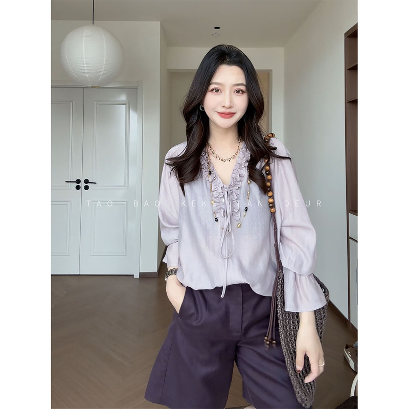 Keke【Time Flies】Summer Thin Shirt for Women, Elegant and Graceful with Ruffled Collar and Tie, Versatile Top